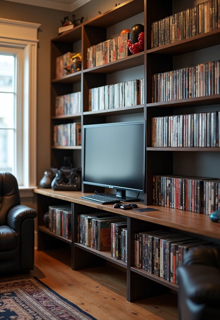 15 Ergonomic Gaming Room Ideas for Maximum Comfort and Health - 11. Game Library Organization