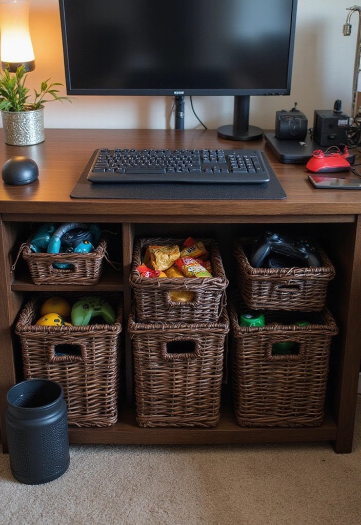 How to Optimize Small Spaces for a Killer Gaming Setup - 13. Hide Clutter with Baskets