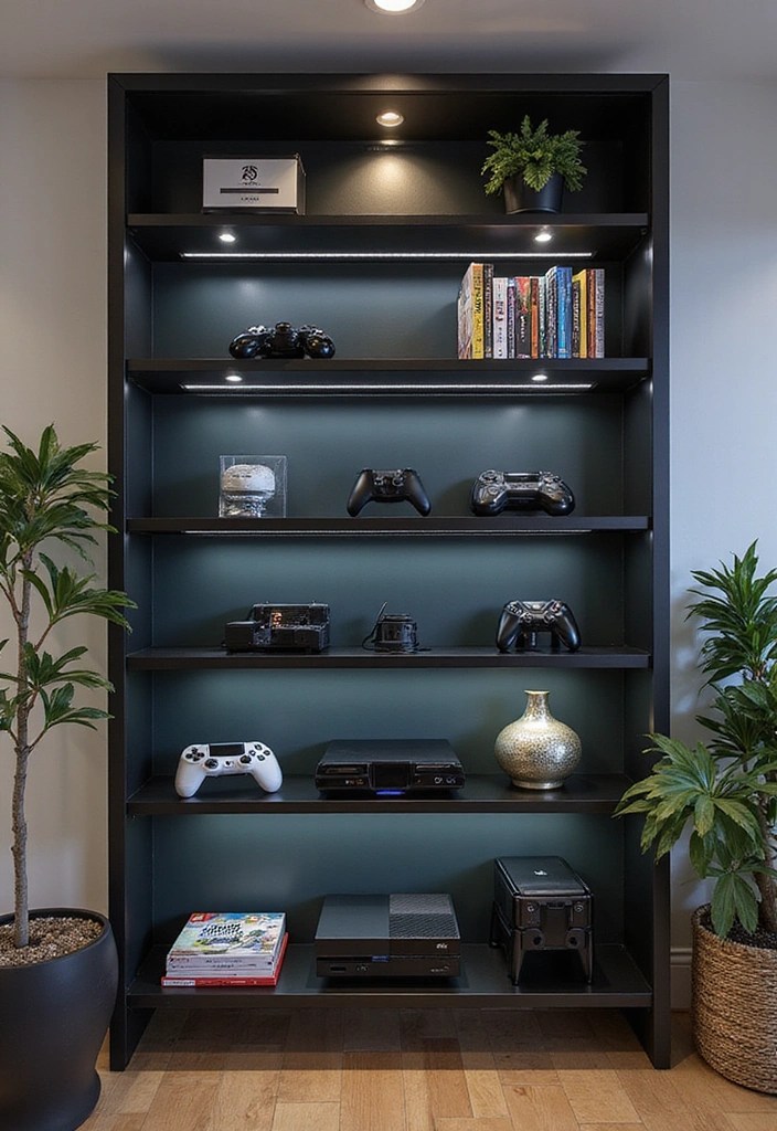 21 Epic DIY Decor Ideas for Your Gaming Room - 4. Game Console Display Shelf